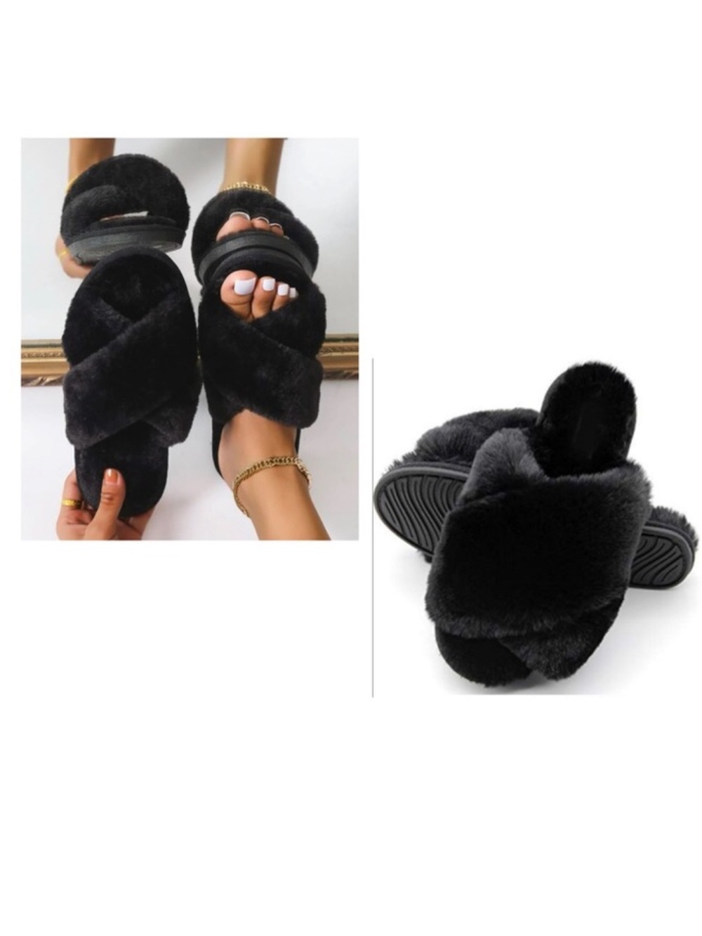 FamiPort Cross Band Fluffy Slippers Women Color Black Size S 5.5-6.5